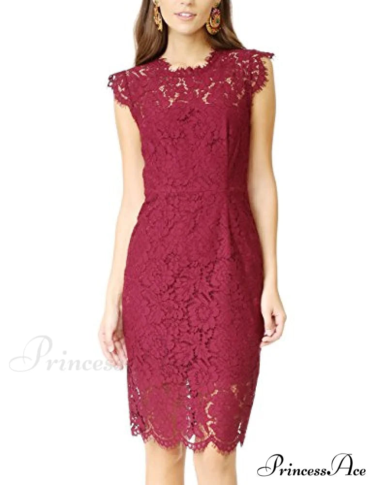 Sleeveless Lace Floral Elegant Crew Neck Knee Length Dress