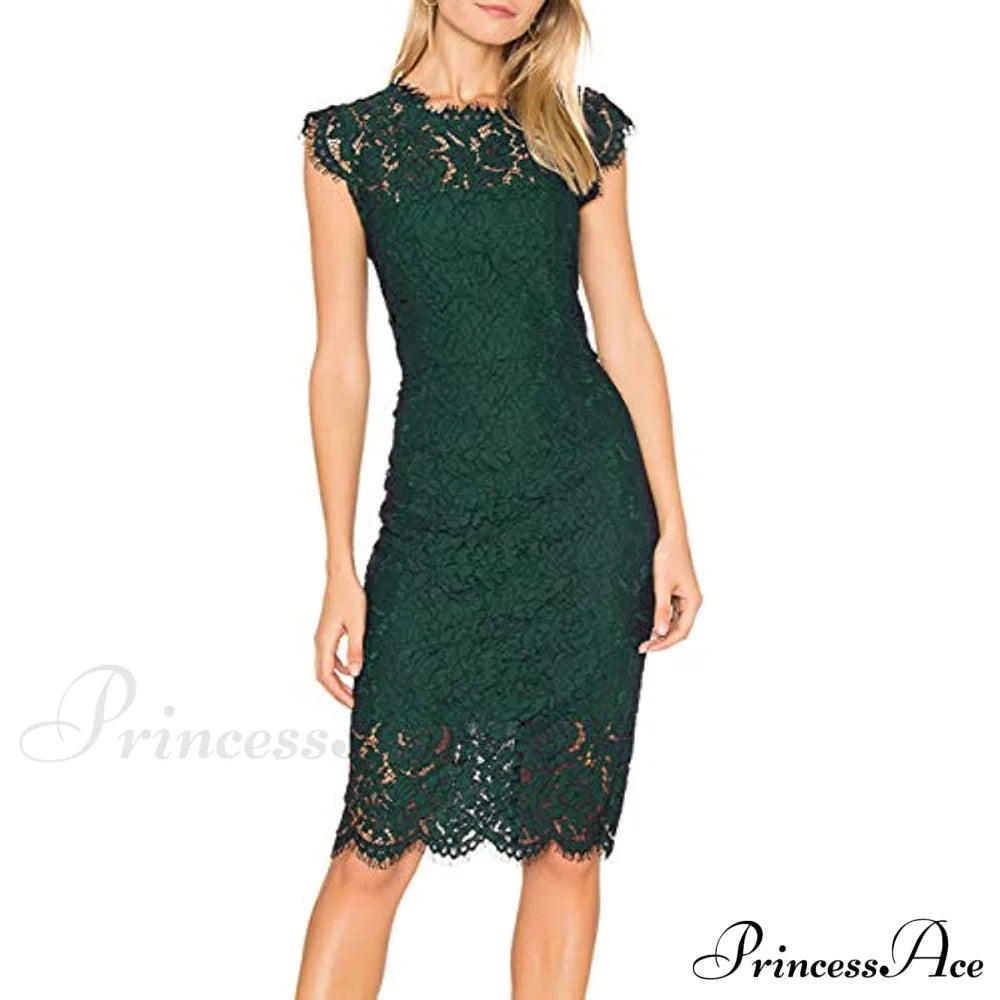 Sleeveless Lace Floral Elegant Crew Neck Knee Length Dress