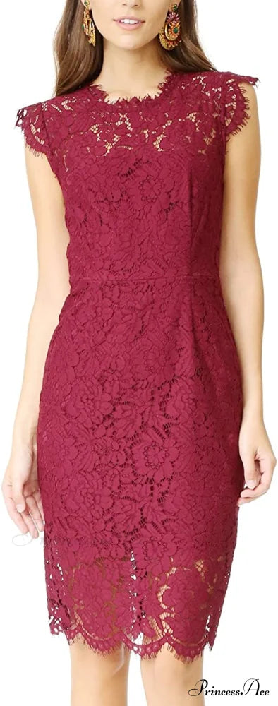 Sleeveless Lace Floral Elegant Crew Neck Knee Length Dress A-Red / Large
