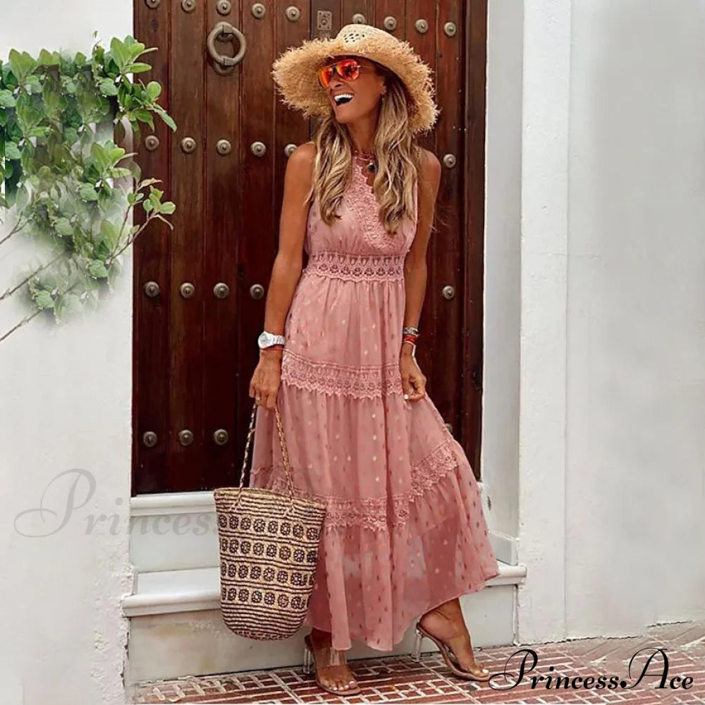 Women's Sleeveless Solid Color Lace Panel Dress Pink __stock:200 casual dresses clothes dresses refund_fee:1200