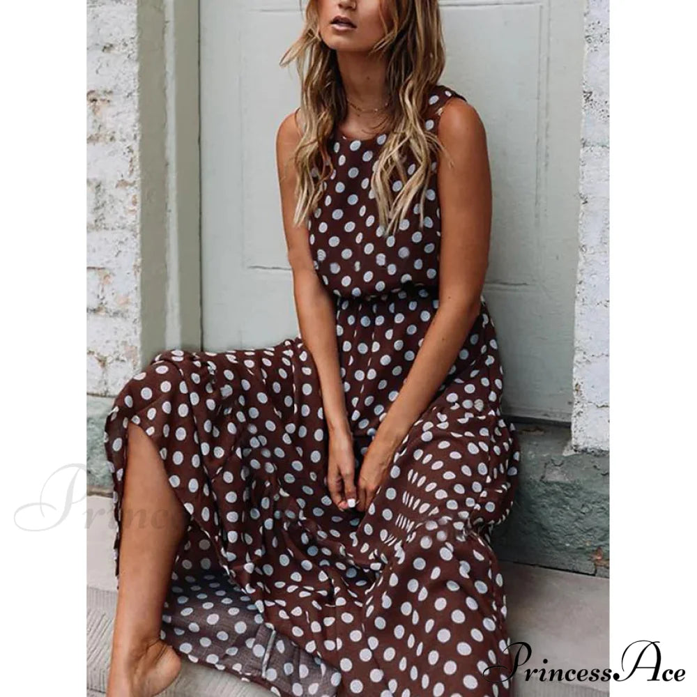 Women's Sleeveless Polka Dot Long Dress Khaki __stock:200 casual dresses clothes dresses refund_fee:1200