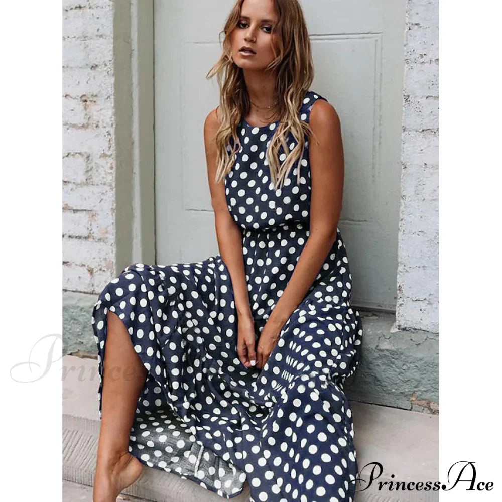 Women's Sleeveless Polka Dot Long Dress Navy Blue __stock:200 casual dresses clothes dresses refund_fee:1200