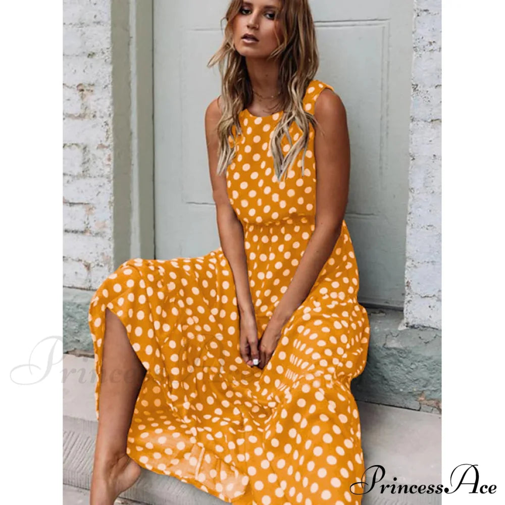 Women's Sleeveless Polka Dot Long Dress Yellow __stock:200 casual dresses clothes dresses refund_fee:1200