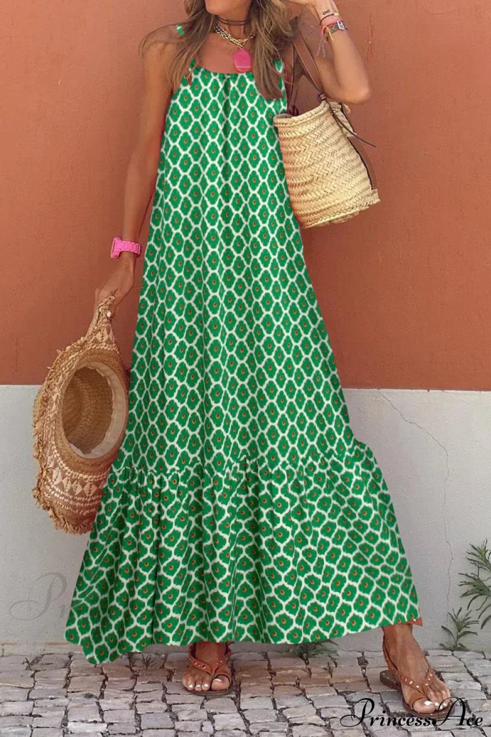 New Sleeveless Print Summer Spaghetti Strap Boho Dress Light Green / S