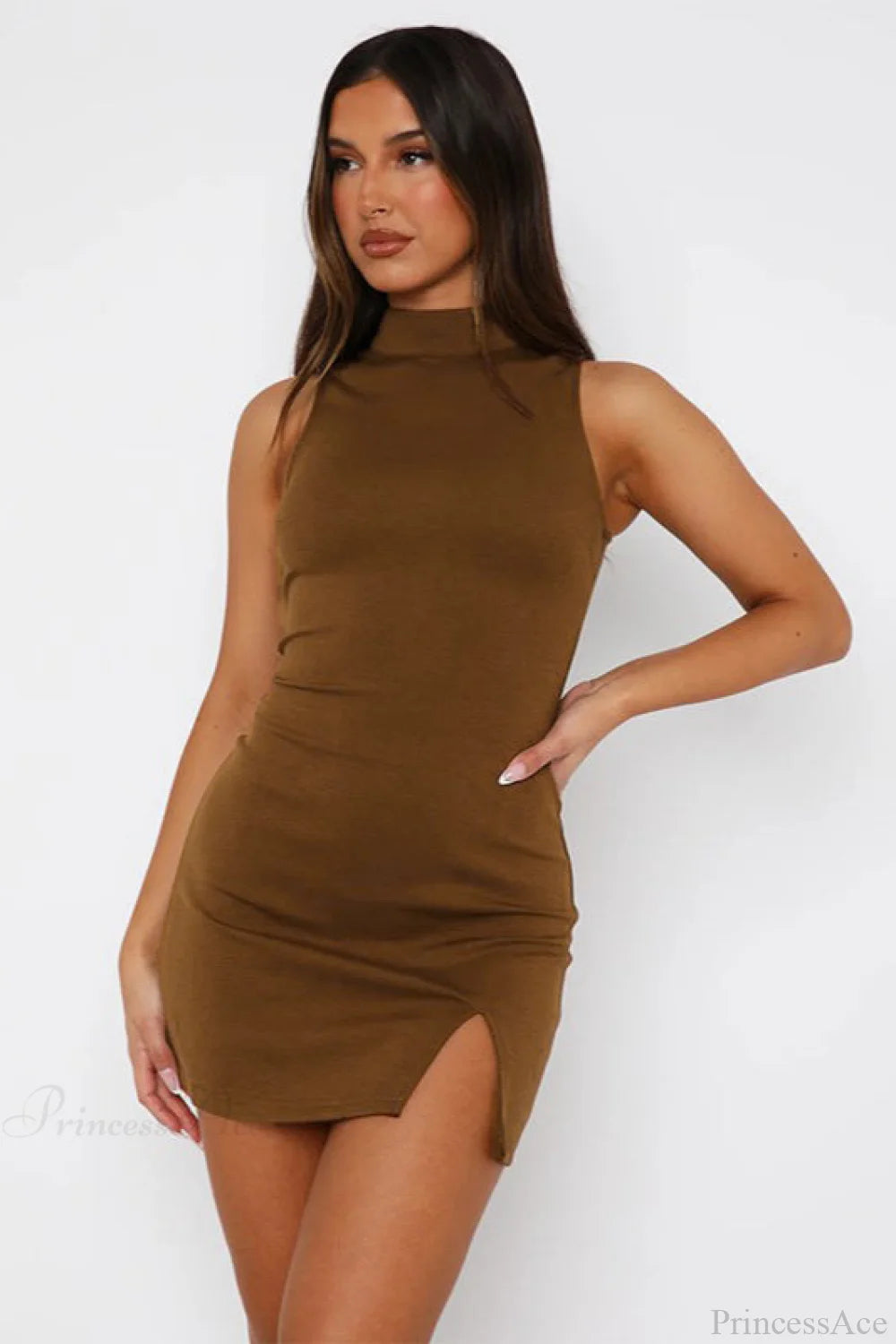 Sleeveless Slit Slim Elegant Mini Dress Brown / S