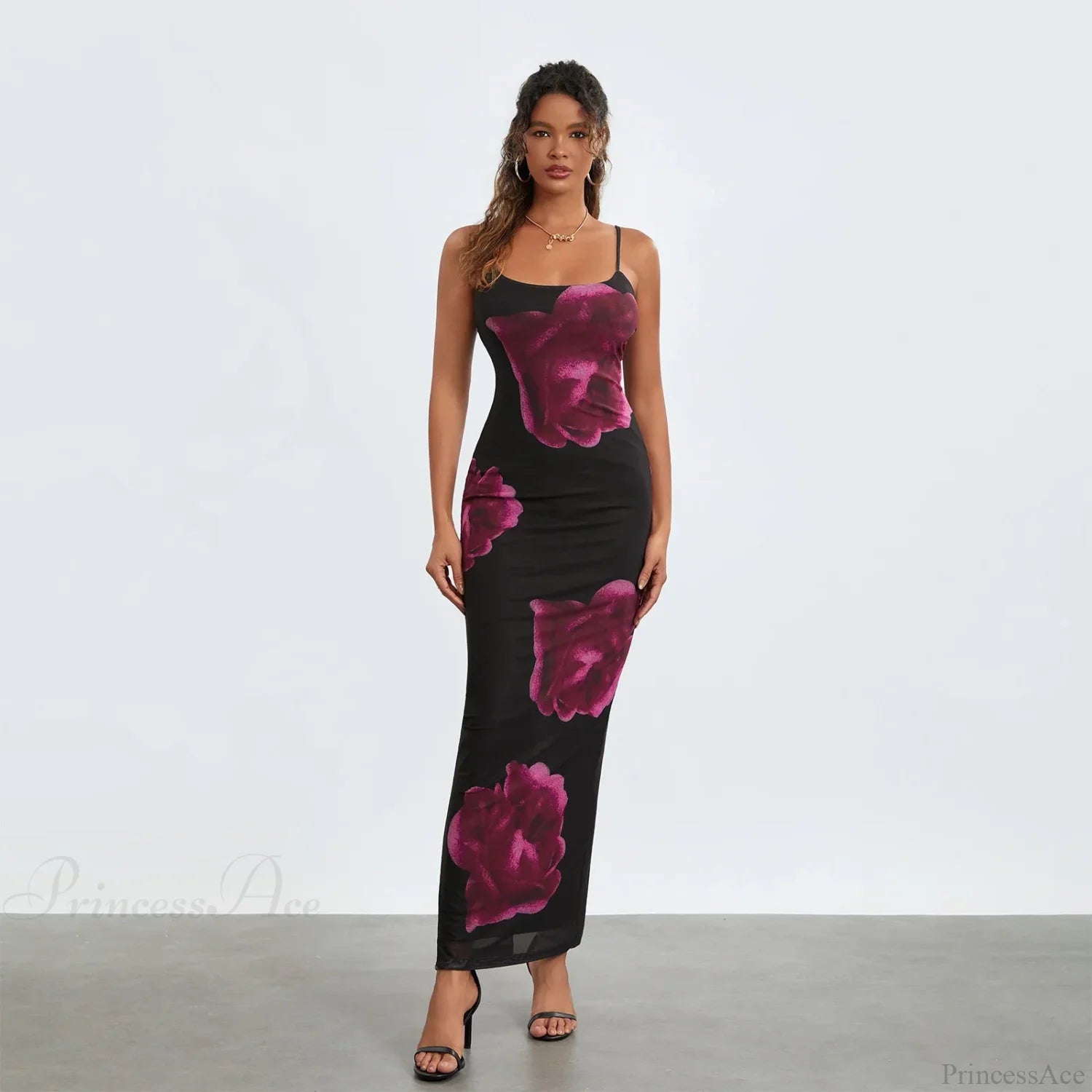 Sleeveless Spaghetti Strap Floral Split Back Hem Dress Black / S floraldress-250126