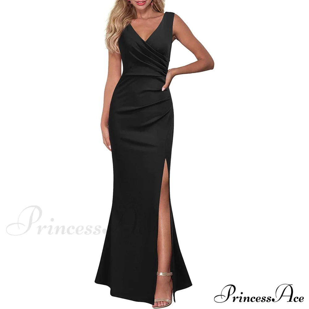 Women Sleeveless V Neck Split Evening Cocktail Long Dress Black __stock:200 casual dresses clothes dresses refund_fee:1200