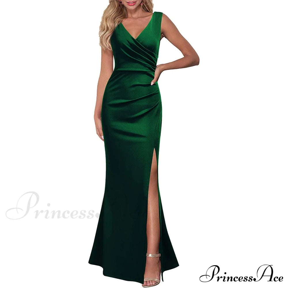 Women Sleeveless V Neck Split Evening Cocktail Long Dress Green __stock:200 casual dresses clothes dresses refund_fee:1200
