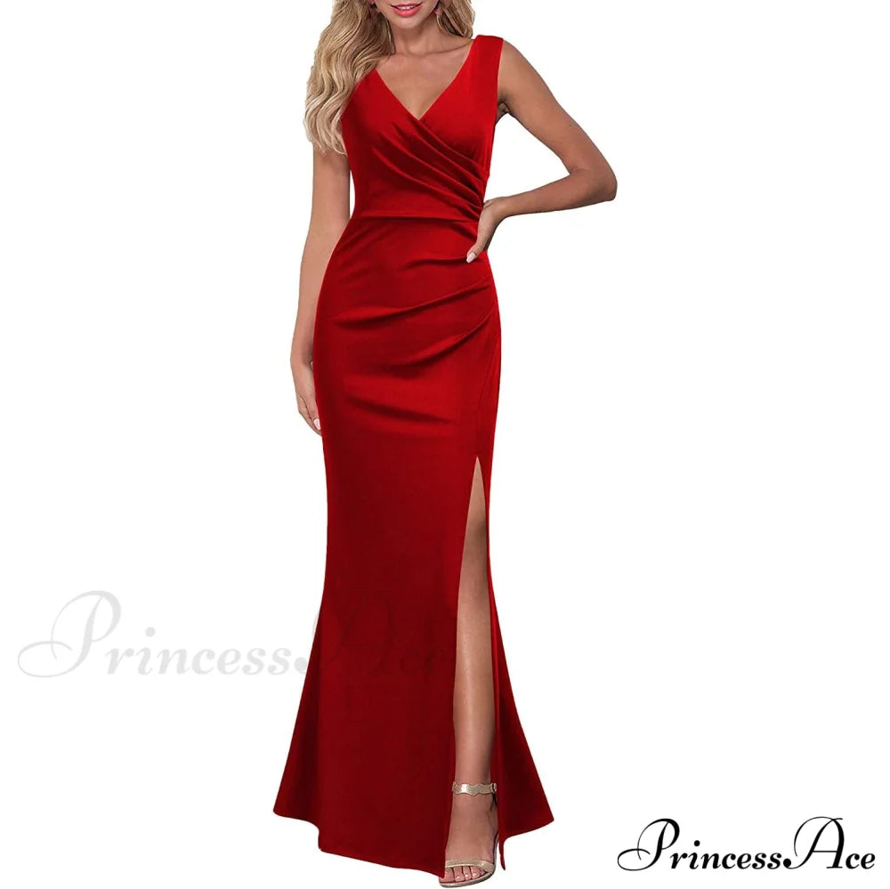Women Sleeveless V Neck Split Evening Cocktail Long Dress Red __stock:200 casual dresses clothes dresses refund_fee:1200