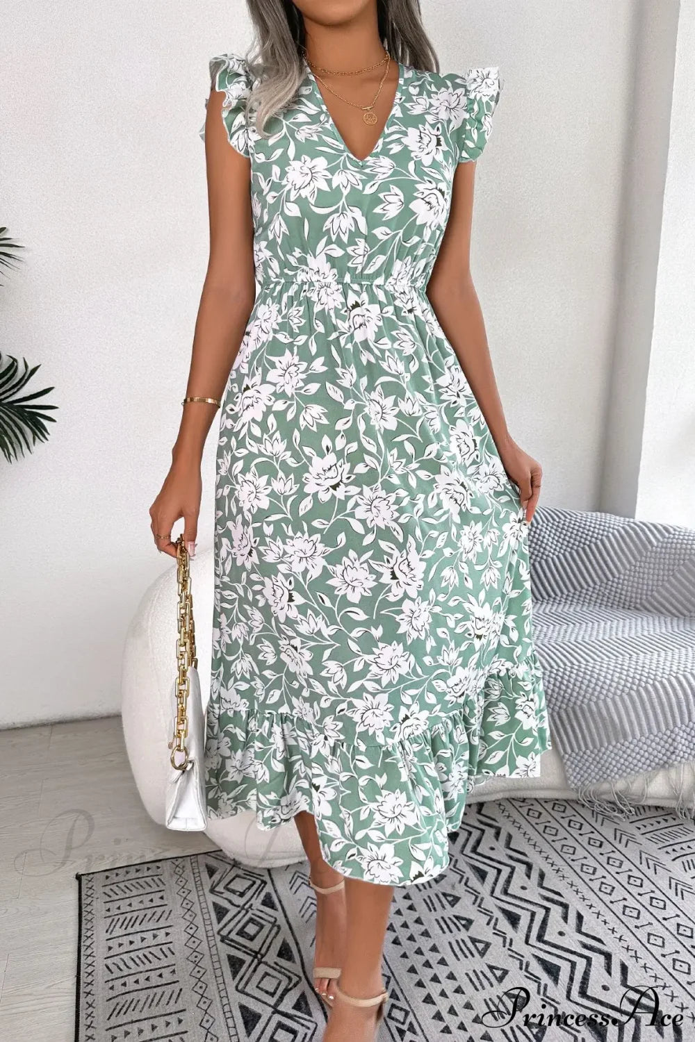 Sleeveless V Neck Summer A Line Midi Dress Boho