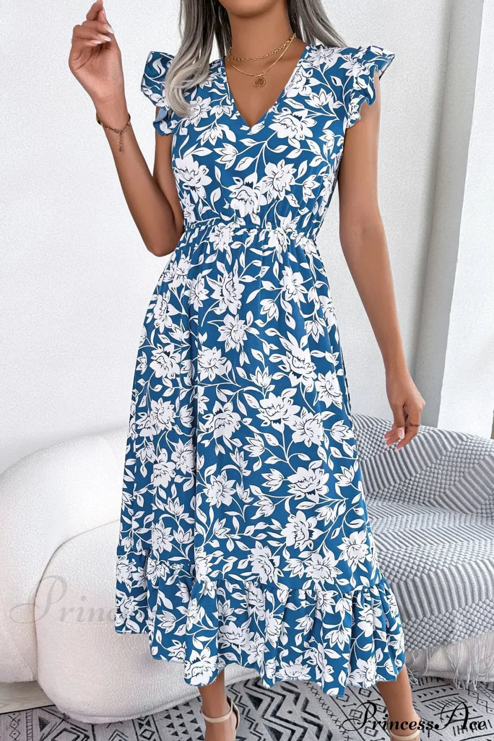 Sleeveless V Neck Summer A Line Midi Dress Boho Deep Blue / S