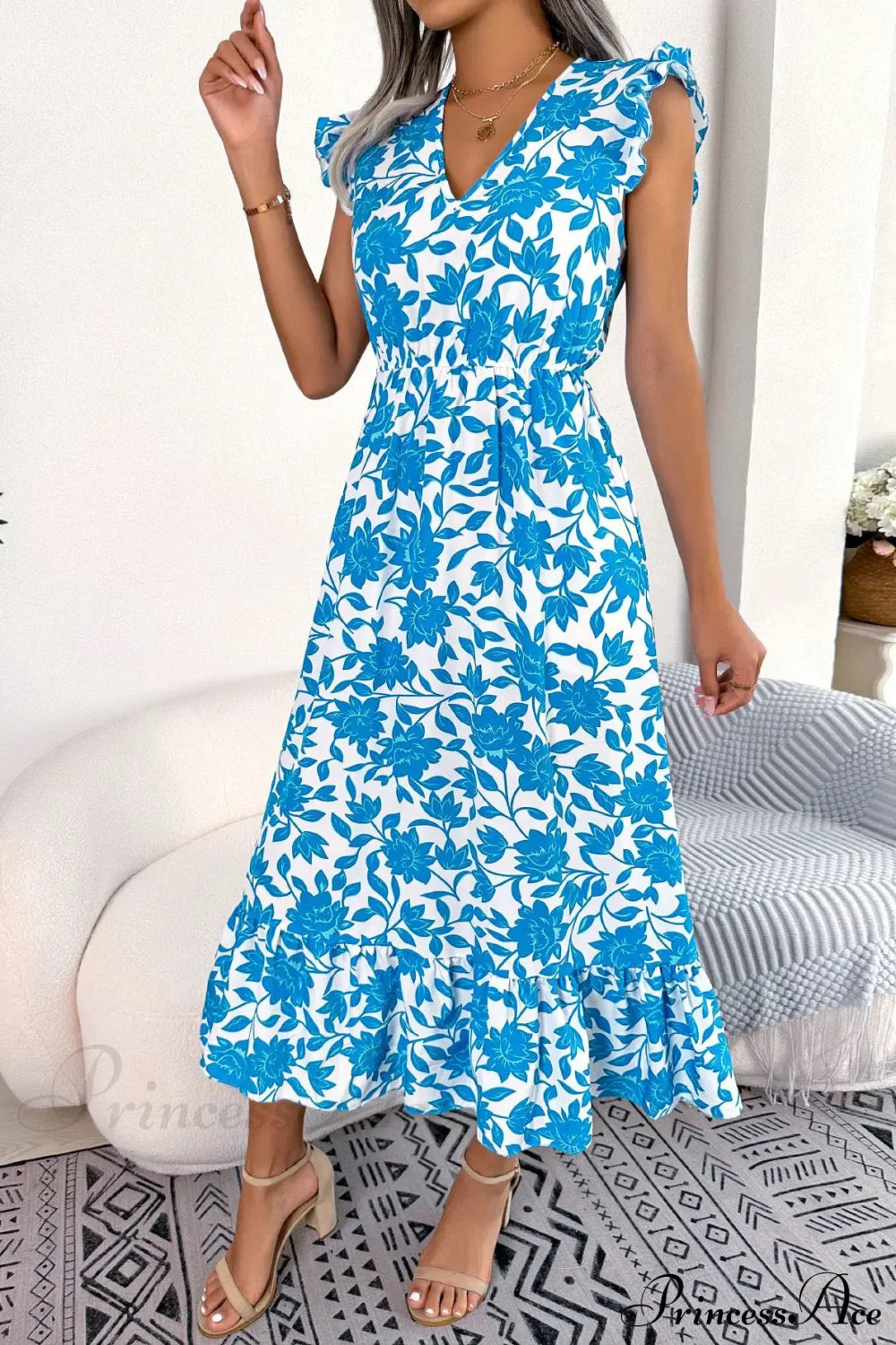 Sleeveless V Neck Summer A Line Midi Dress Boho White / S