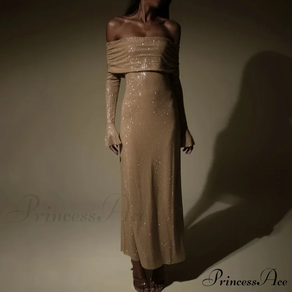 Sleeveless Winter Off Shoulder Sexy Evening Fashion Party Night Club Bodycon Dress Khaki / S