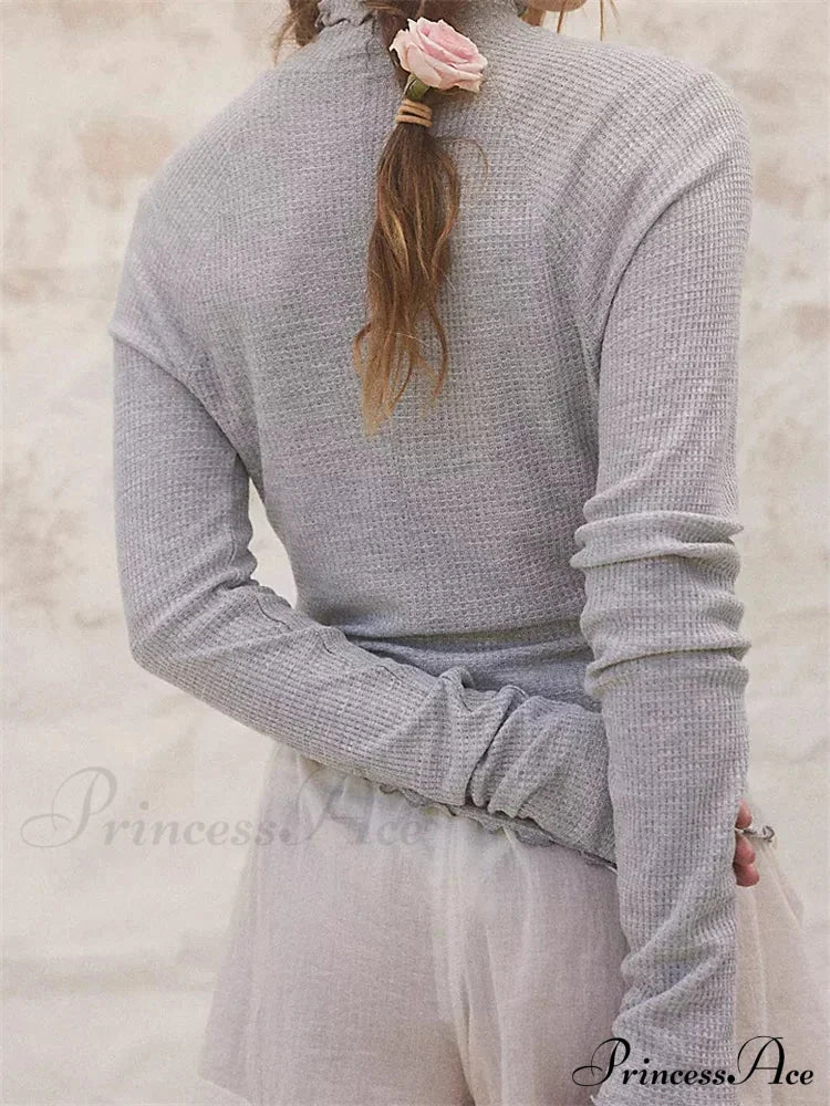 Slim Fit Solid Color Long Sleeve High Neck Casual T-Shirts