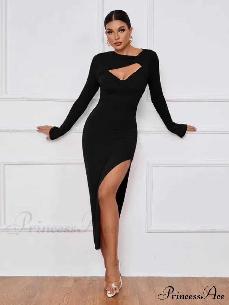 Slim Fit Split Long Sleeve Dress M / Black