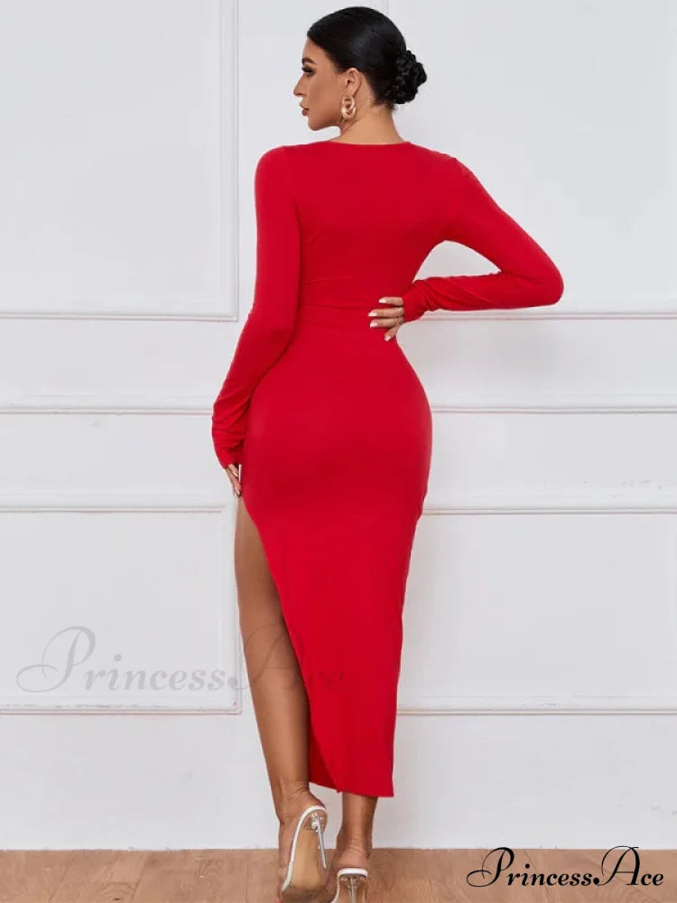 Slim Fit Split Long Sleeve Dress M / Red