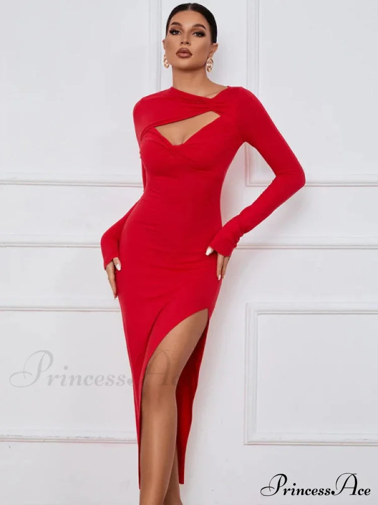 Slim Fit Split Long Sleeve Dress S / Red
