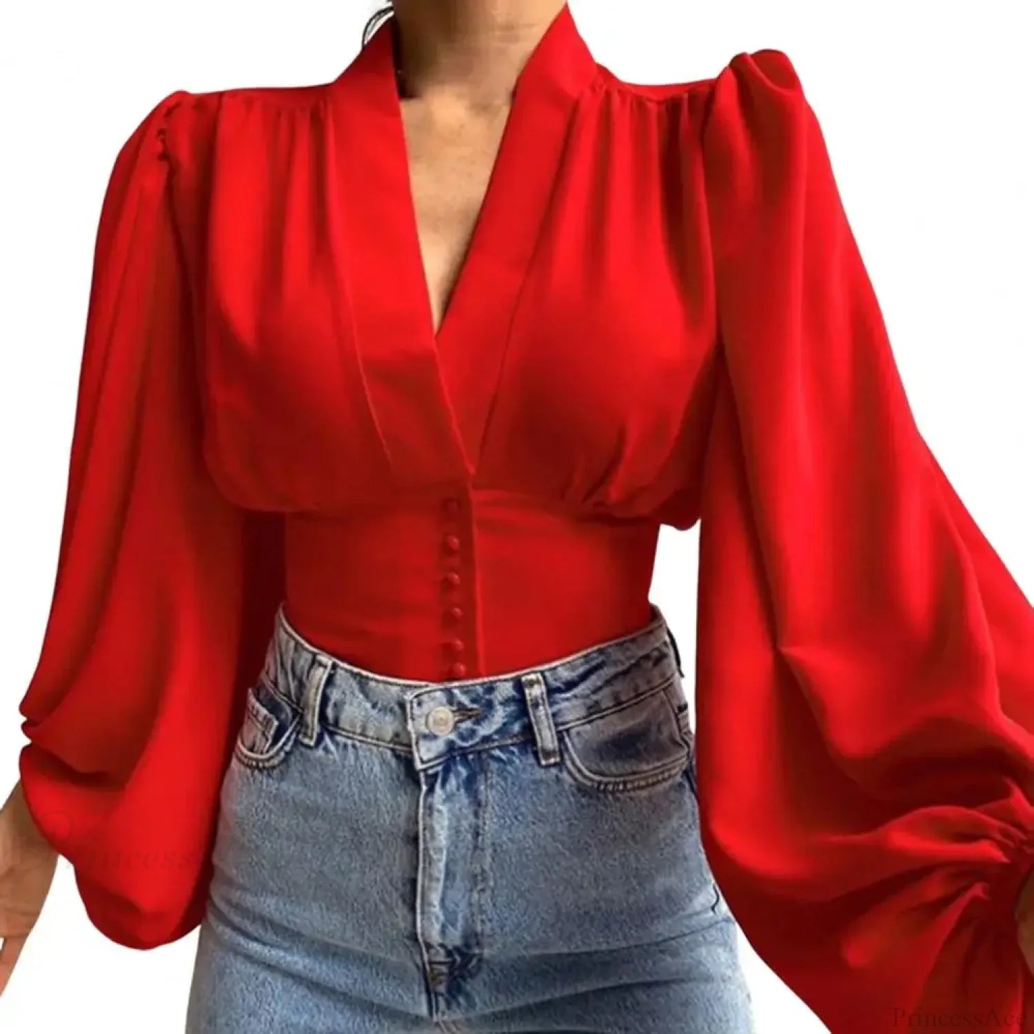 Slim Fit V Neck Cropped Lantern Blouse Red / M blouse-250126