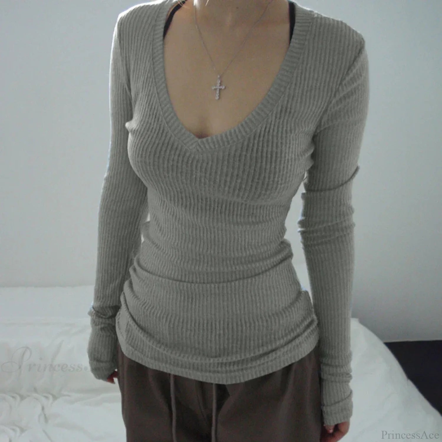 Slim-fitting Crop Top Micro-transparent V-neck Smock T-shirt Women knittop-250126