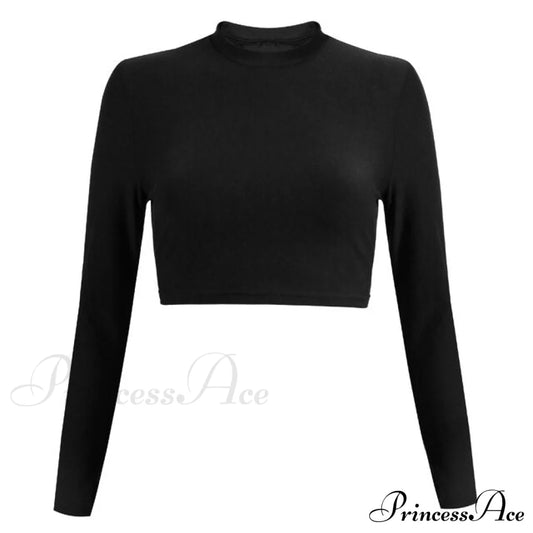 Slim Long Sleeve Cropped Navel Black T-Shirt Long Sleeve / S