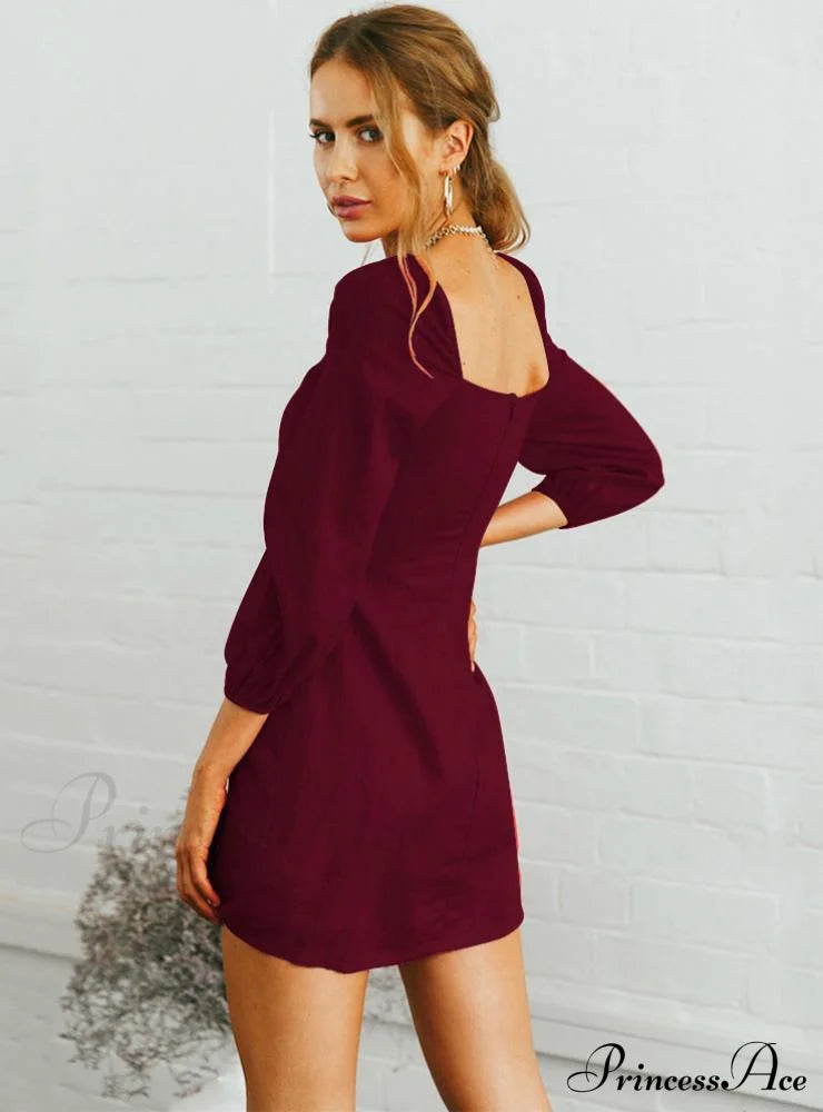 Slim Long Sleeve Dress With Square Collar M / Black Dresses