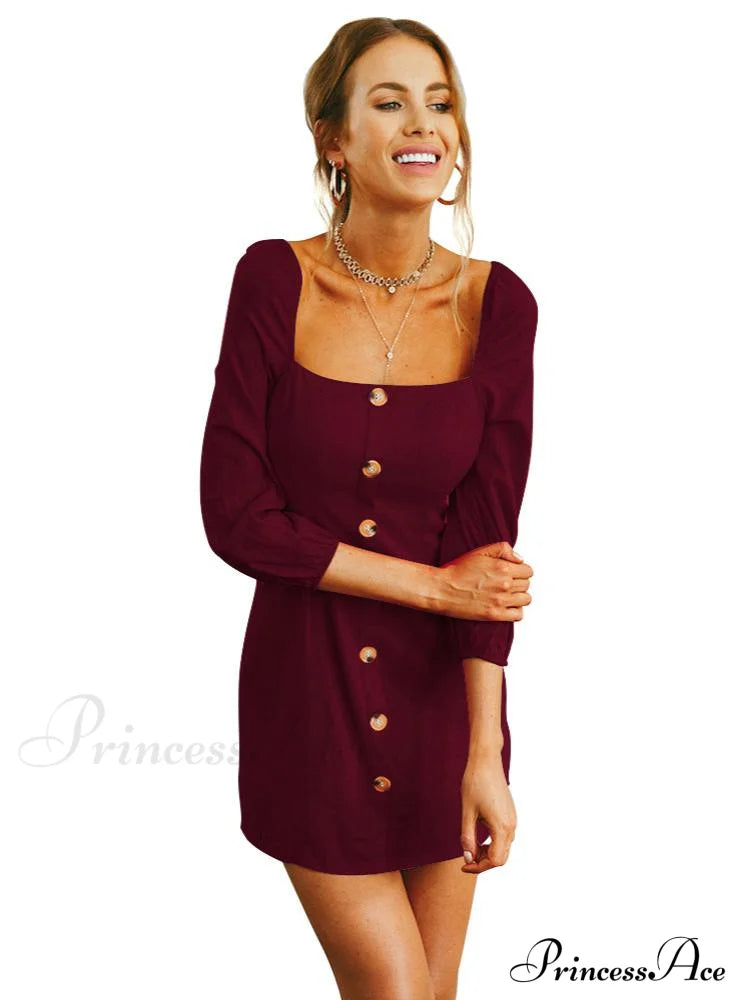 Slim Long Sleeve Dress With Square Collar M / Green Dresses