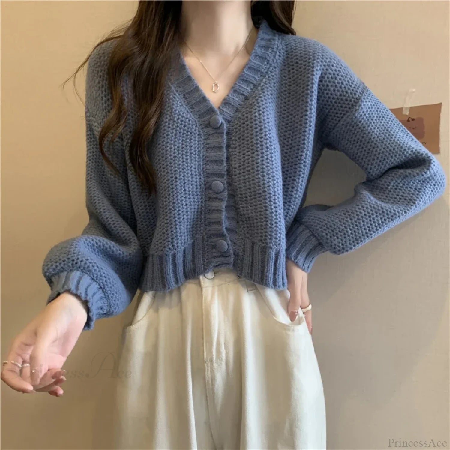 Slim Solid V-Neck Button-Up Knitted Cardigan for Women BLUE / One Size cardiagn-250126