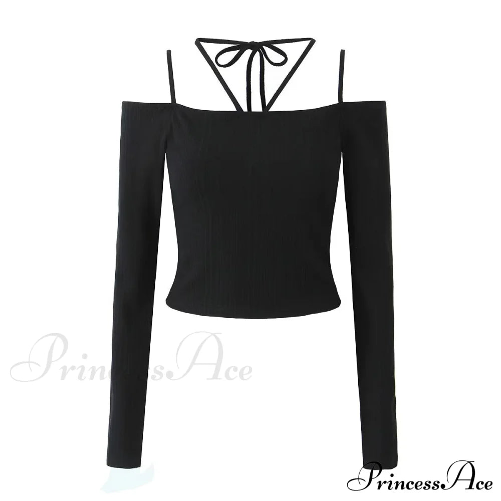 Autumn Two Color off Neck Long Sleeve Knitted T shirt Slim Fit Crop Top Black blouses clothes long sleeve tops off the shoulder shirt shirt shirts top tops