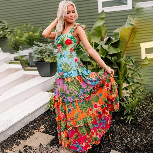 Sling Ruffle Print Skirt Two Piece Set