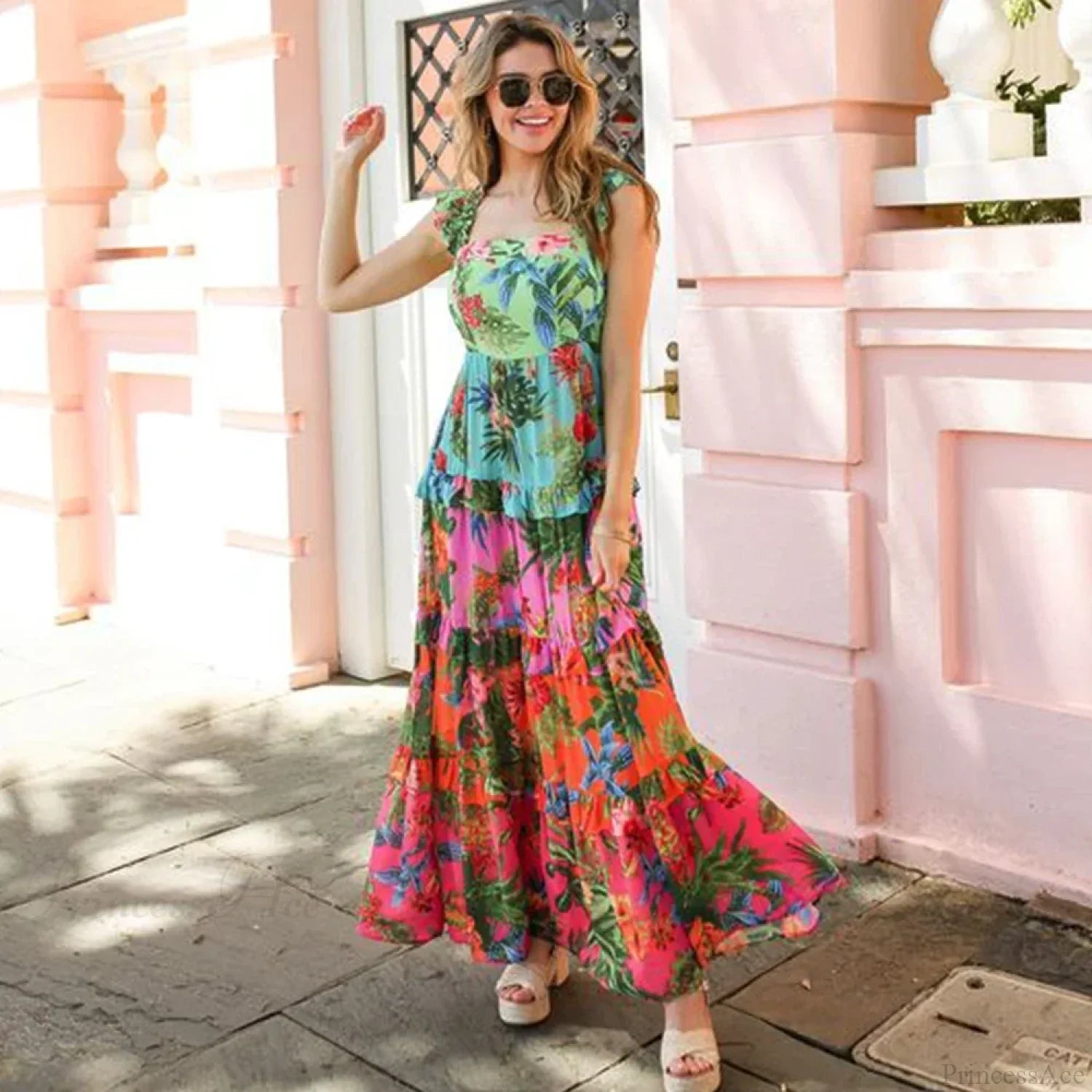 Sling Ruffle Print Skirt Two Piece Set