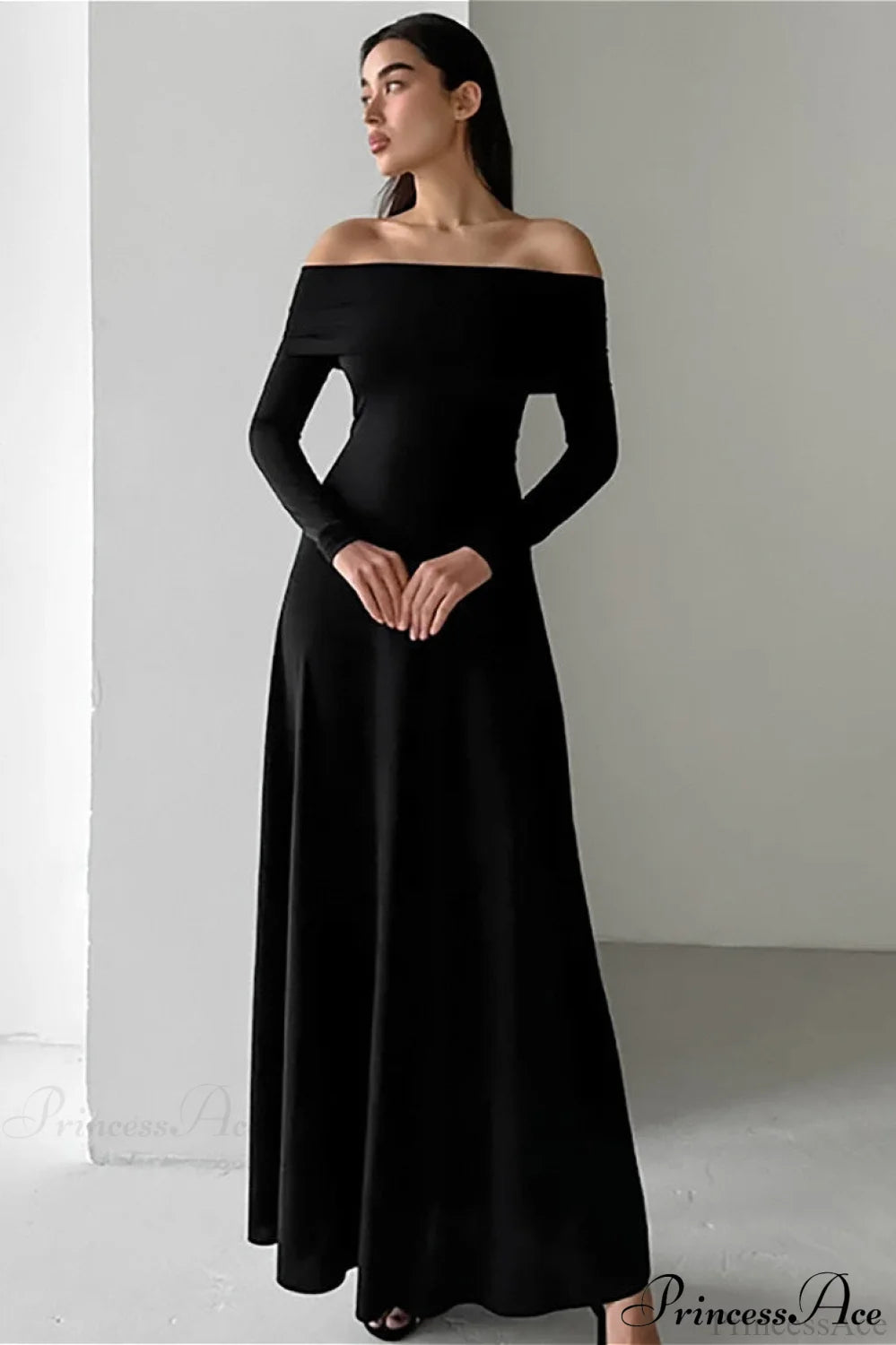 Slinky Off Shoulder Minimal Formal Maxi Dress Black / S
