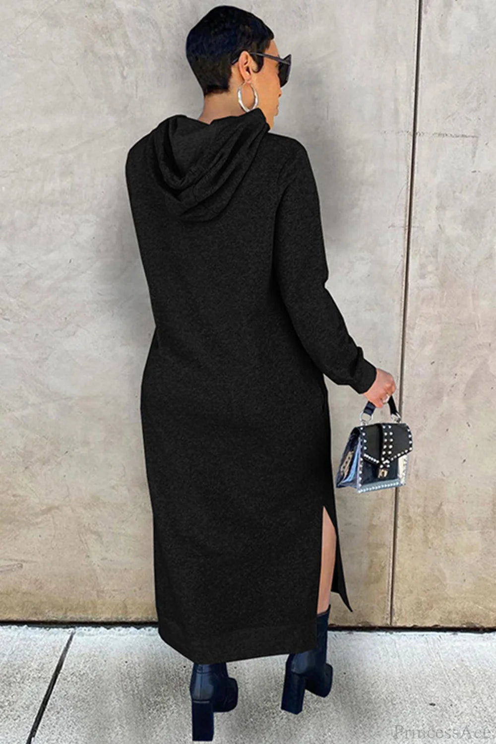 Slit Hem Hoodie Dress Black / L Midi Dresses