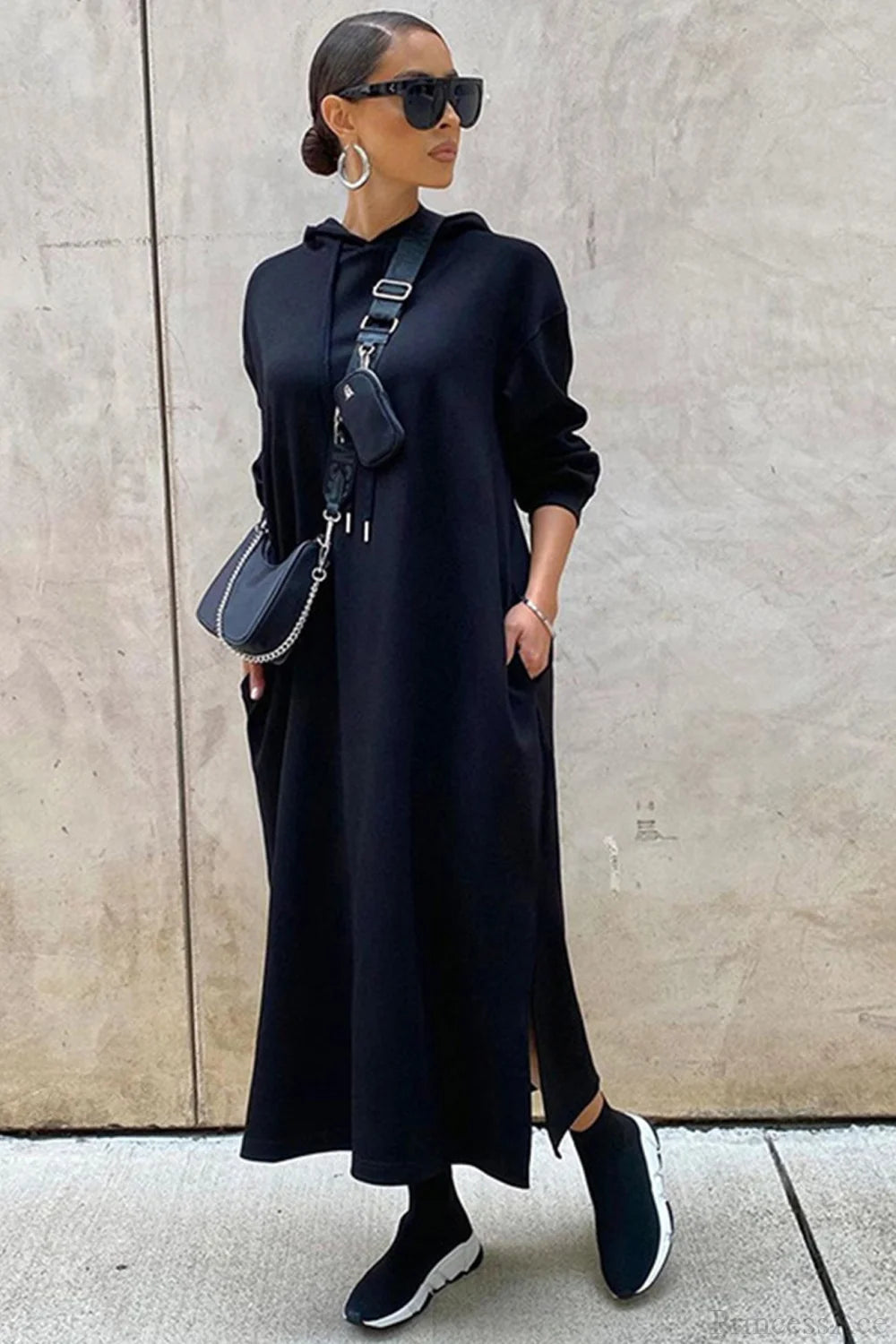 Slit Hem Hoodie Dress Black / S Midi Dresses