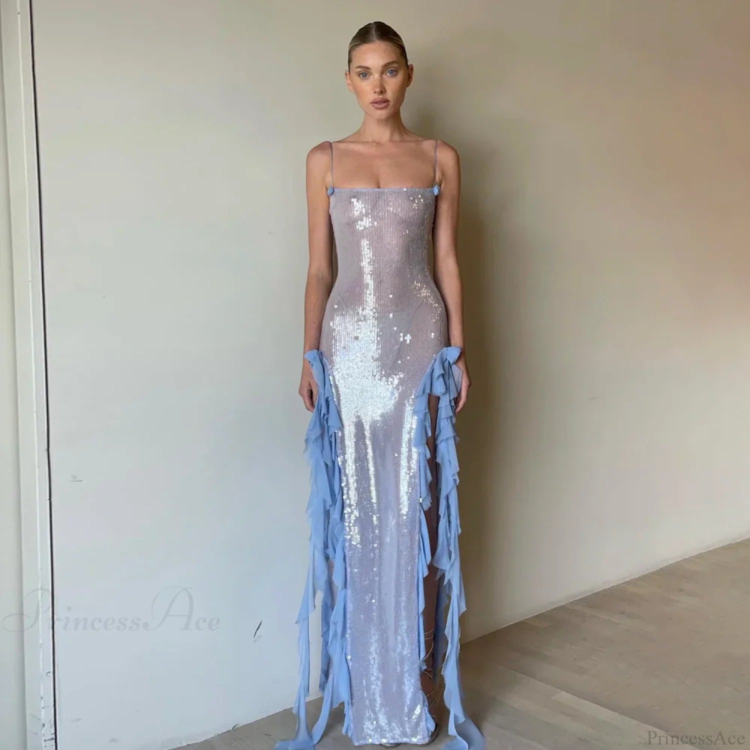 Slit Ruffle Sequin Party Dress Blue / Xs Partydress-241208