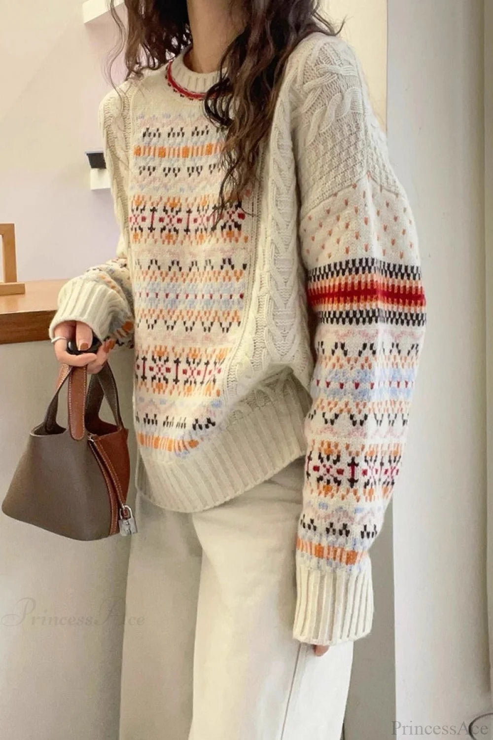 Slouchy Crew Neck Striped Colorful Sweater White / One size