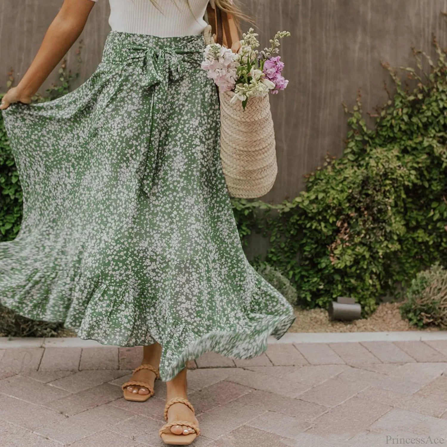 Small Floral Ruffle Korean Style High Waist Swing Long Skirt skirt-250126