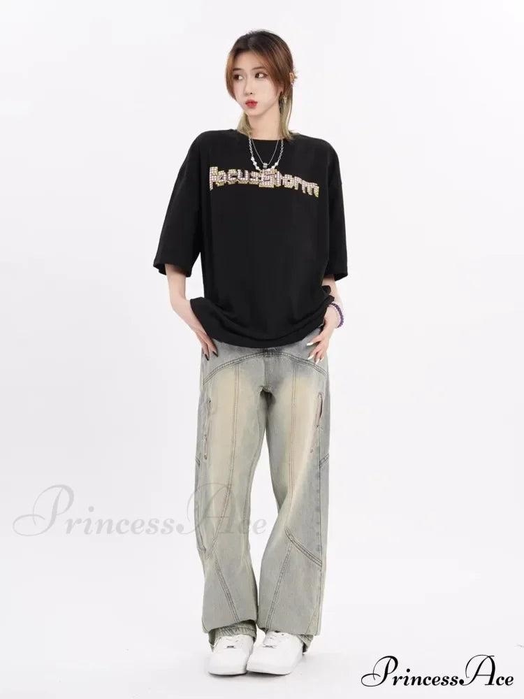 Small High Street Distressed Trendy Brand Washed Vintage Versatile Loose Wide Leg Women’s Jean