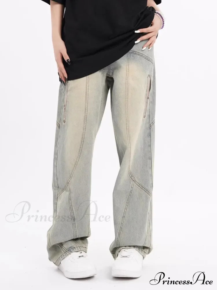 Small High Street Distressed Trendy Brand Washed Vintage Versatile Loose Wide Leg Women’s Jean