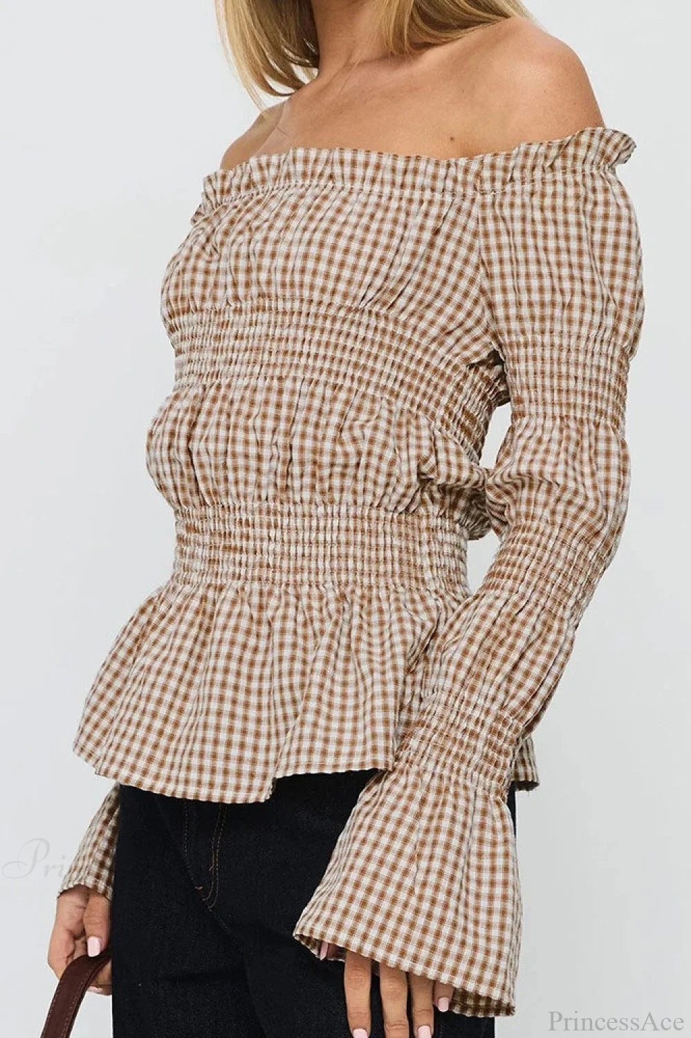 Smocked Plaid Off-the-Shoulder Flared Long Sleeve Blouse