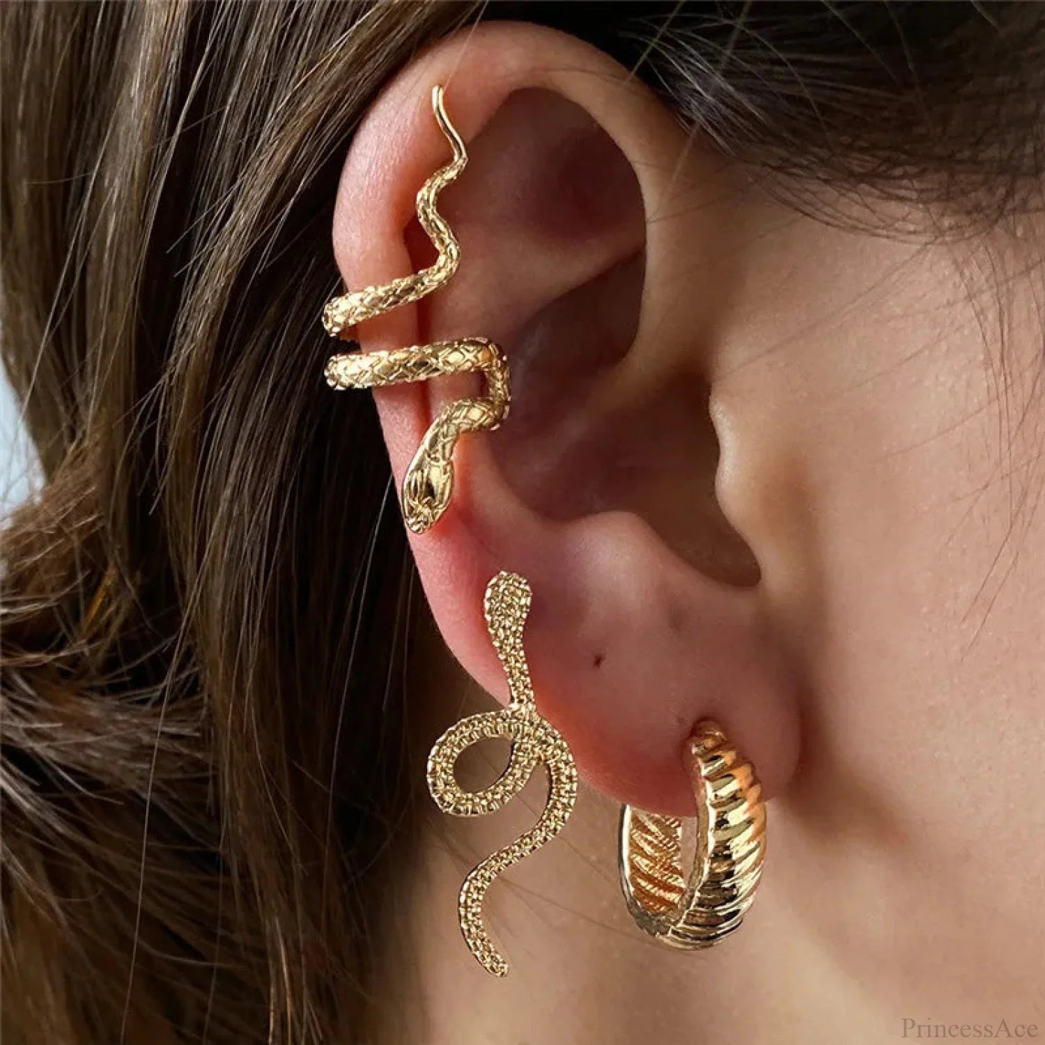 Snake Form Silver Hip Hop Stud Earring gold
