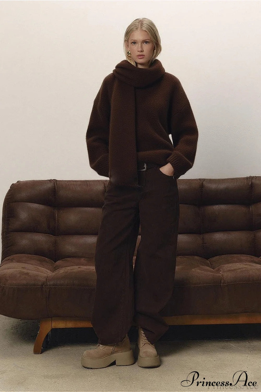 Soft Wool Crew Neck Loose Slouchy Sweater Brown / M