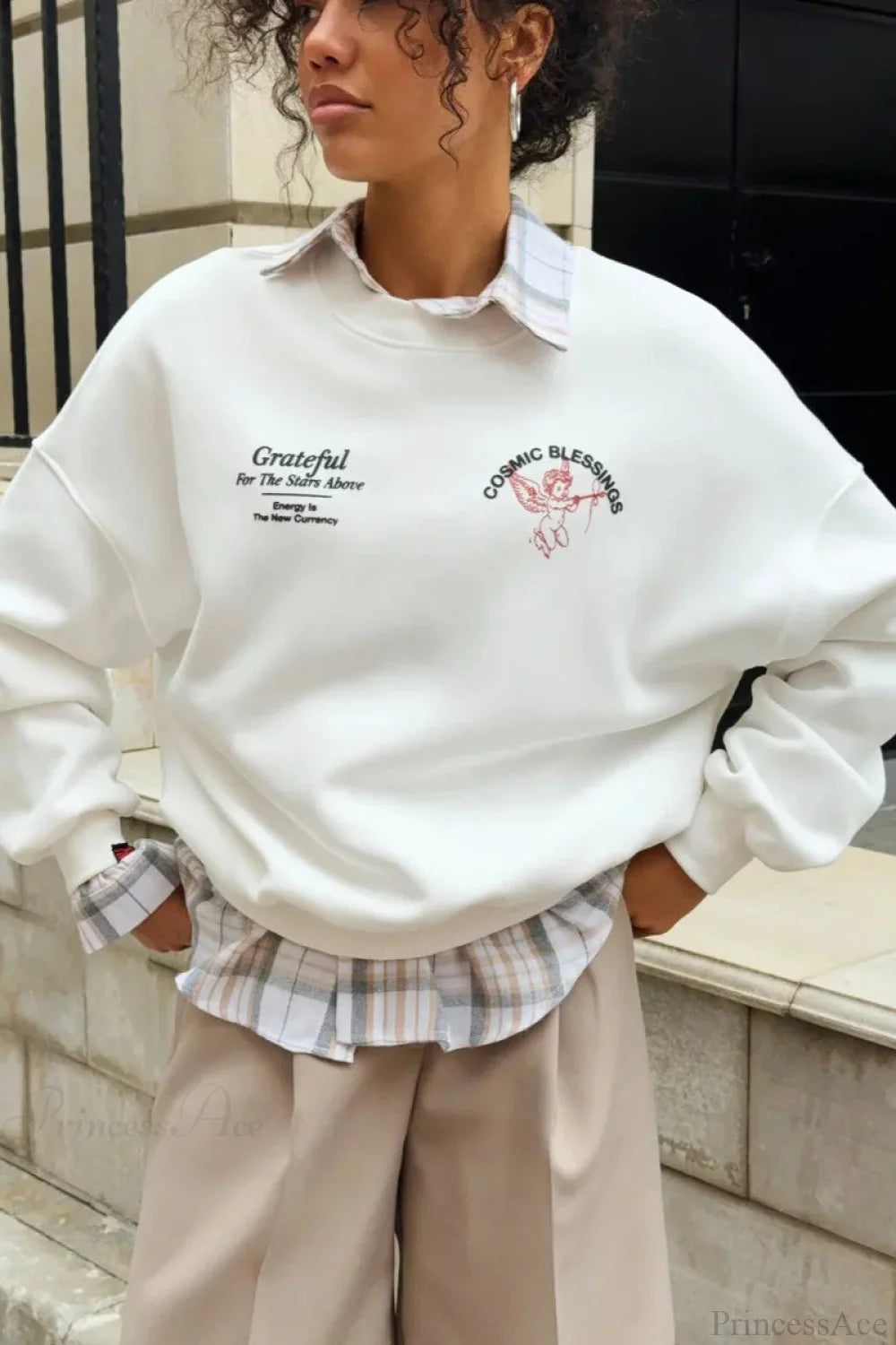 Solid Angel Print Thickened Crew Neck Sweatshirts White / S