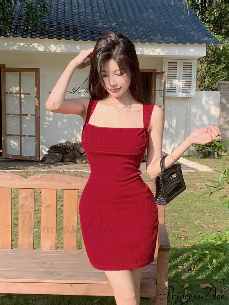 Solid Black Bodycon Dress With Straps L / Red Red Bodycon Dress