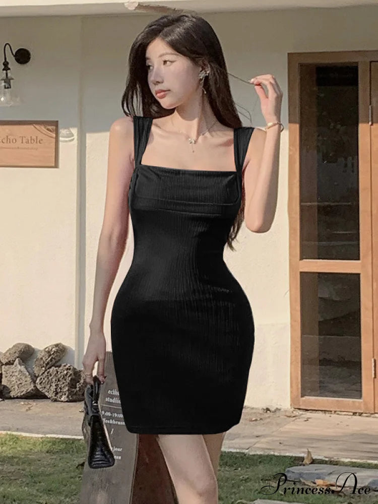 Solid Black Bodycon Dress With Straps M / Red Red Bodycon Dress