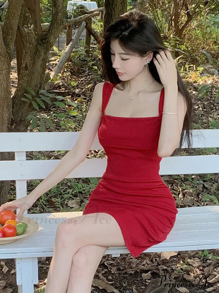 Solid Black Bodycon Dress With Straps M / Red Bodycon Dress