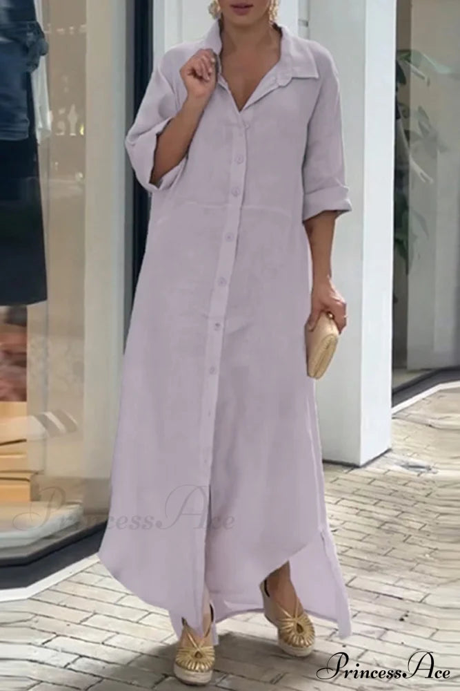 Solid Blouse Casual Buttons Neckline Turndown Dress Gray Purple / S Dresses/Casual Dresses