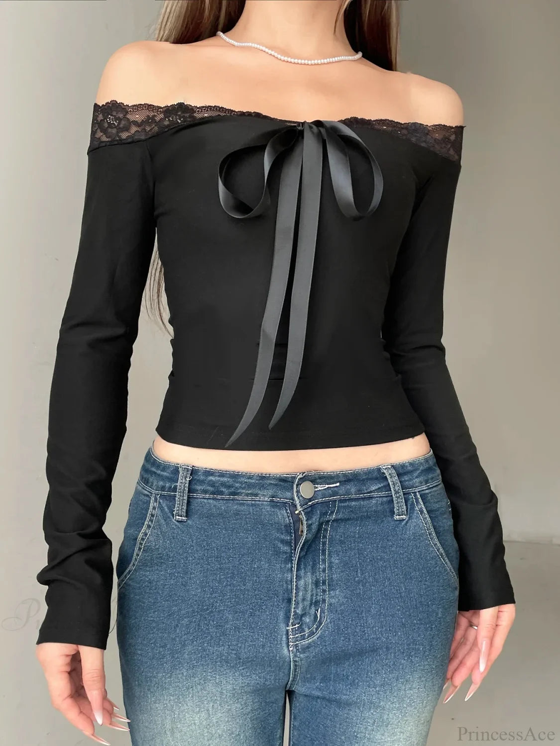 Solid Bow Patchwork Lace Slash Neck Long Sleeve Knit Top knittop-250126