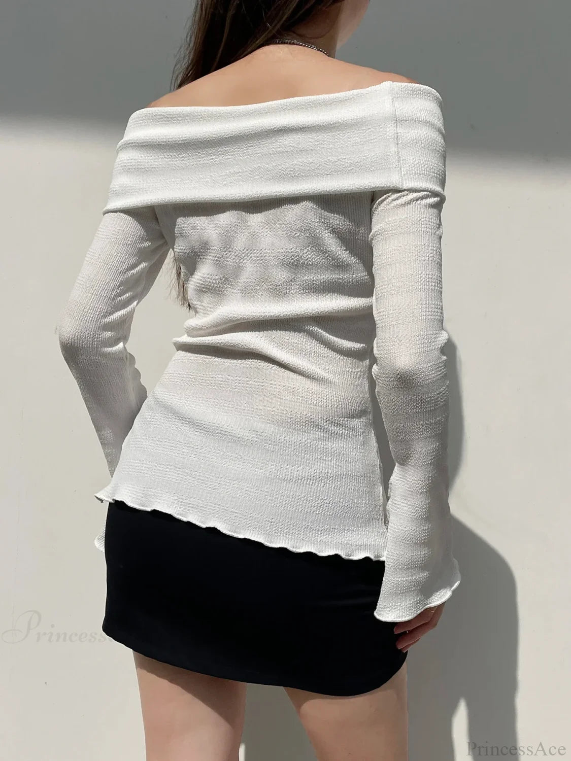 Solid Bow Split Slash Neck Slim Flare Sleeve Long Sleeve Knit Top knittop-250126