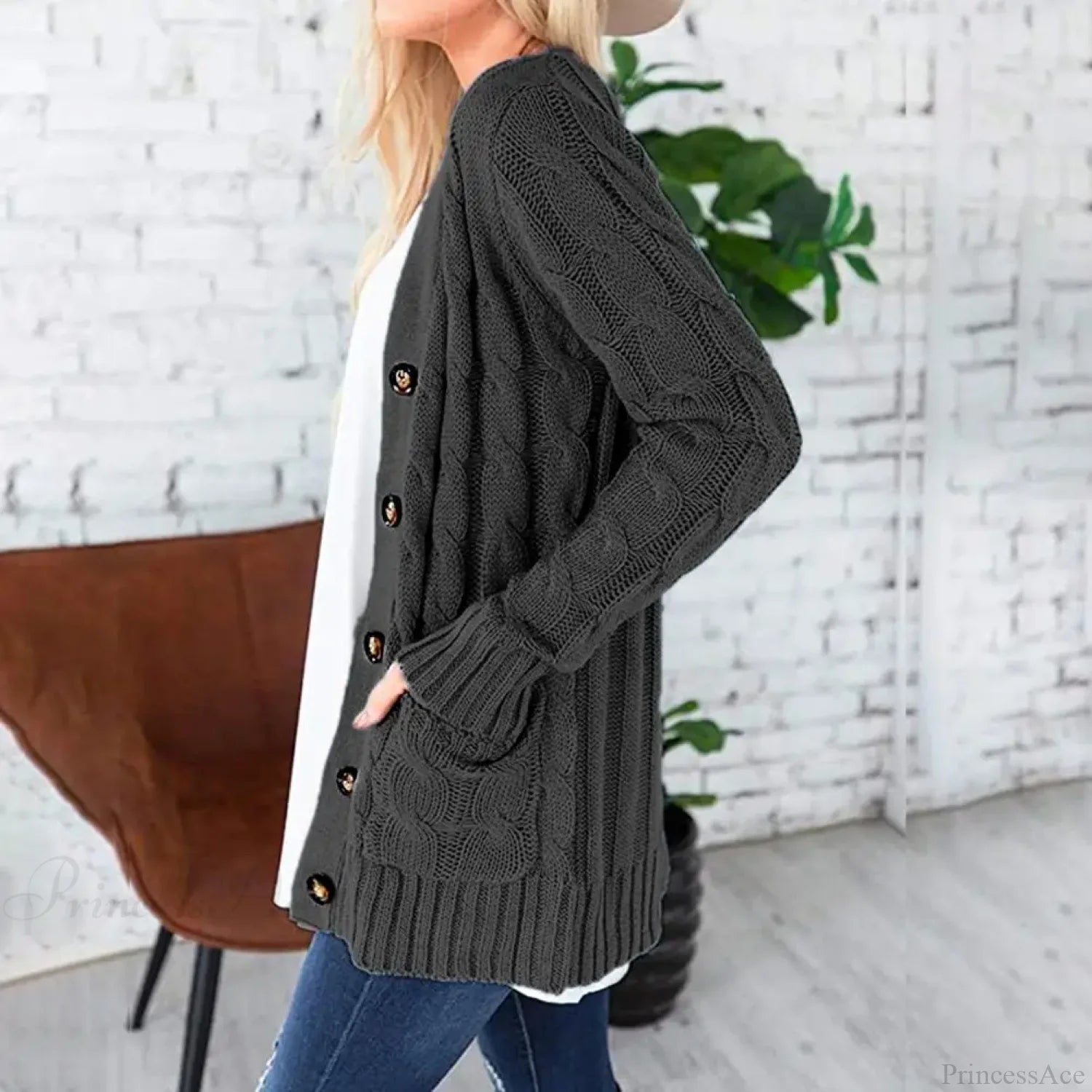 Solid Cable Knit Loose Button Down Cardigan cardiagn-250126