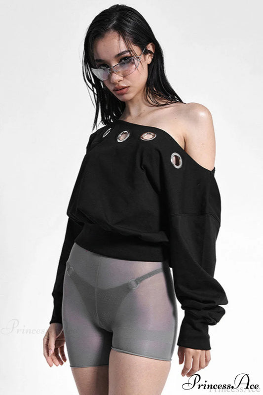 Solid Color Asymmetric Shoulder Cutout Long Sleeve Blouse Black / S